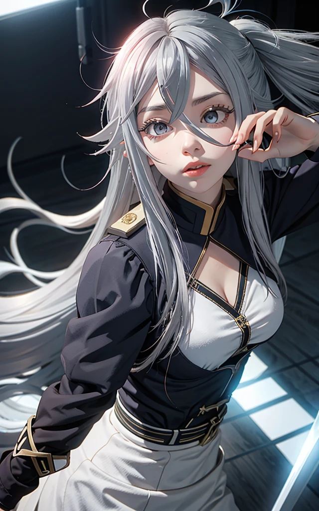 VladilenaLora, long hair, grey eyes, grey hair, sword, dynamic pose