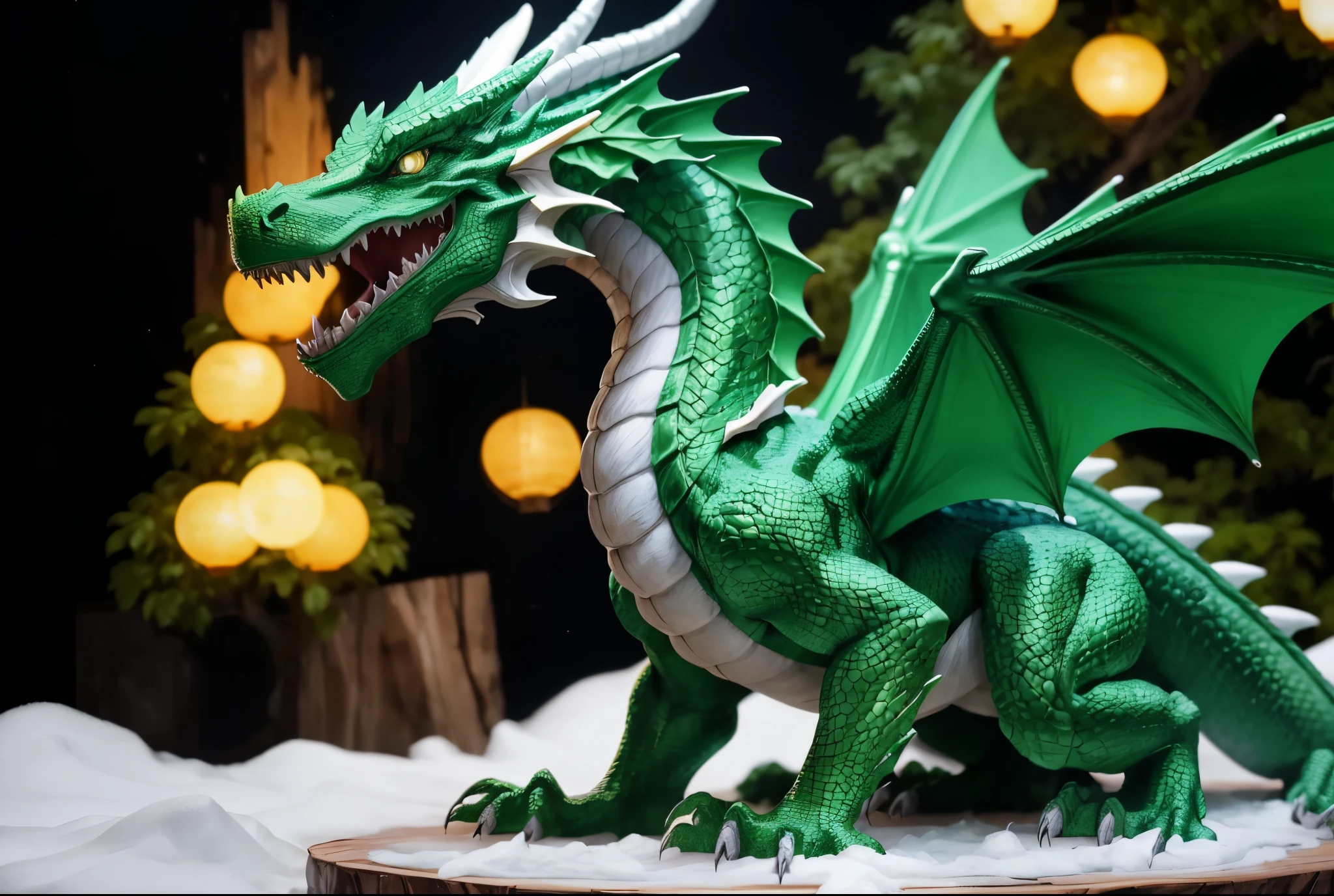 There is a statue of a green dragon on a wooden stand, Great Green Dragon, Green Dragon, Realistic realistic dragon, Sculptural dragon features, Massive Green Dragon!!!, Extremely detailed and realistic, Dragon with scars, accurate and detailed, Stuffed Dragon, Bright and detailed, Incredibly realistic, Stunningly detailed, digesting a small dragon, Dragon Dra, hyper detailed