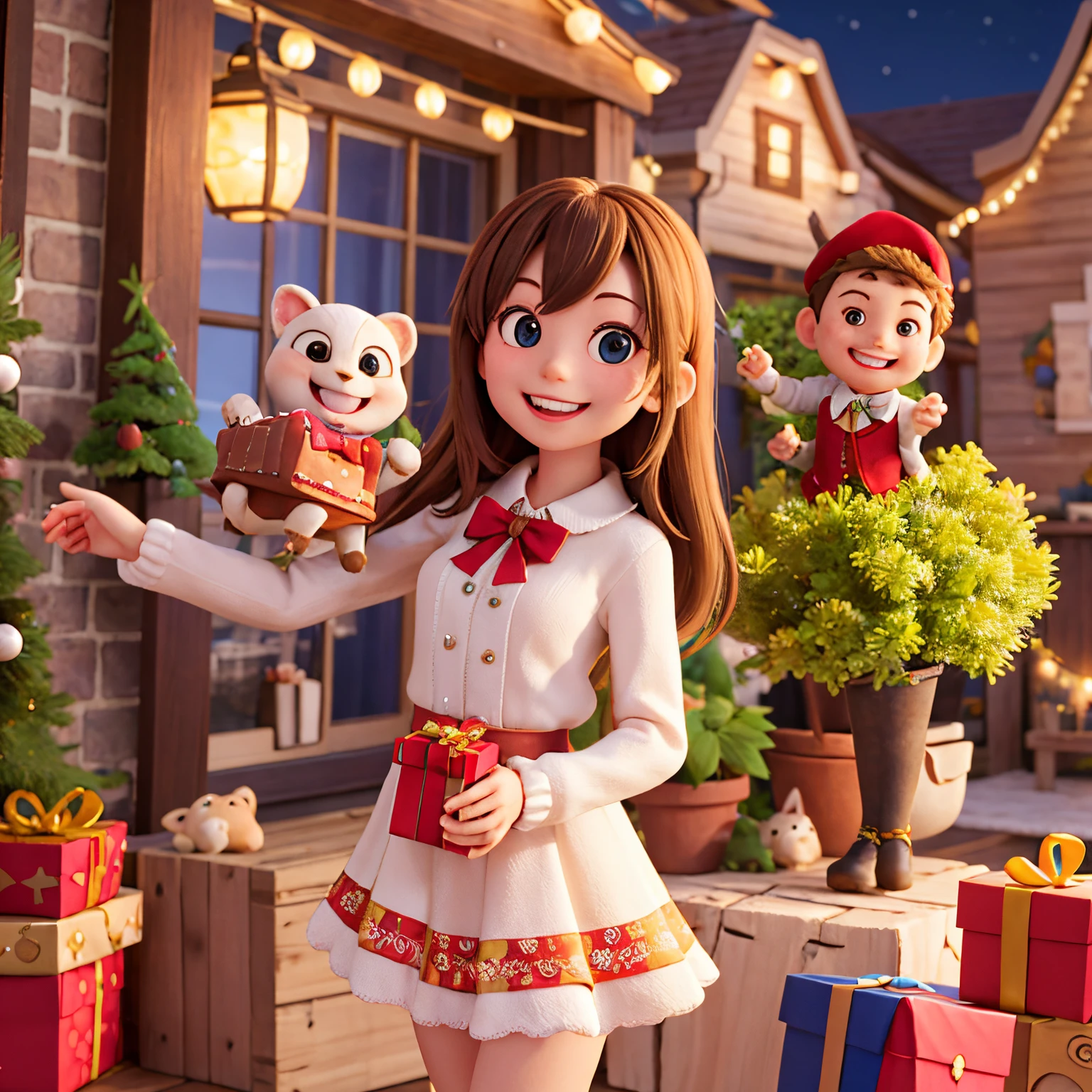 masterpieace , high quality , best quality , 2_girl , smiling , holding_charismas gift , celebrating_charismas with friend , beautiful , happy , house decoration for charismas to the background