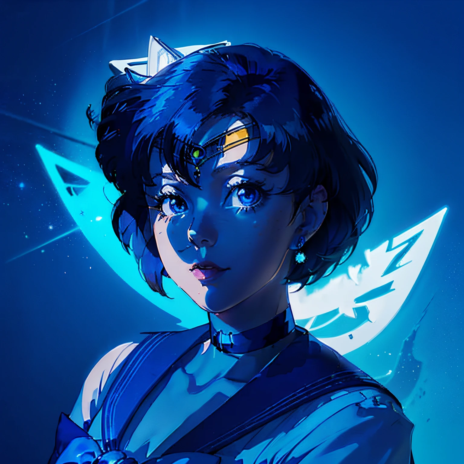 1girl,blue spotlight, silhouette, (portrait of sailor mercury looking up slightly), mer1, tiara, knee boots, blue choker, blue sailor collar, cute girl, blue hair, elbow gloves, sailor senshi uniform, beautiful face, friendly face, high quality, UHD, 8k detailed