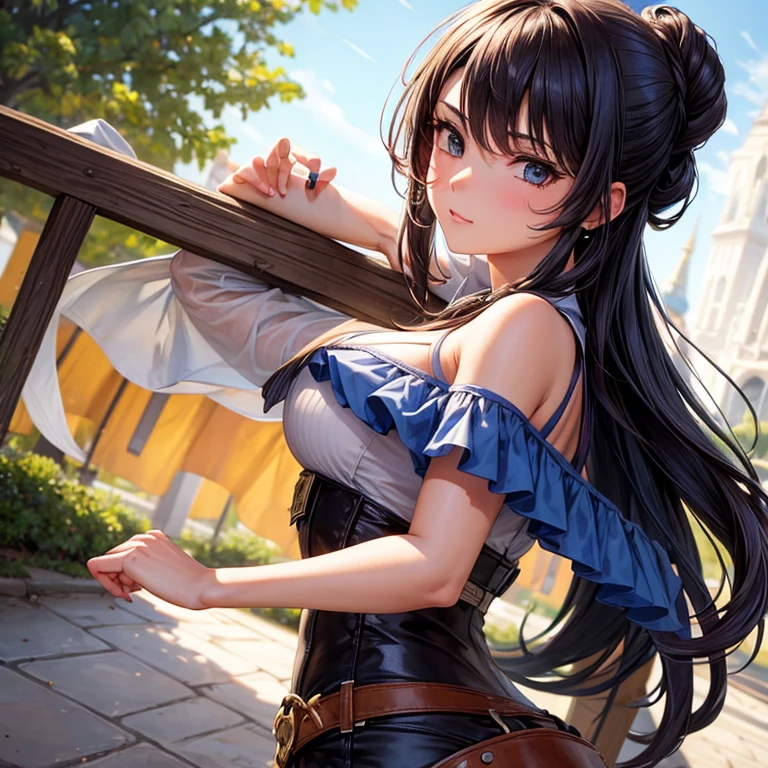 1girl, solo, summer, village, trees, sun, clouds, fantasy, ((colorful hair)), ponytail, big full breasts, Black suspender top , Black skirt, pantiess, Open breasts, blue eyes, grin, looking at the viewer, standing, hair ribbon, golden necklate