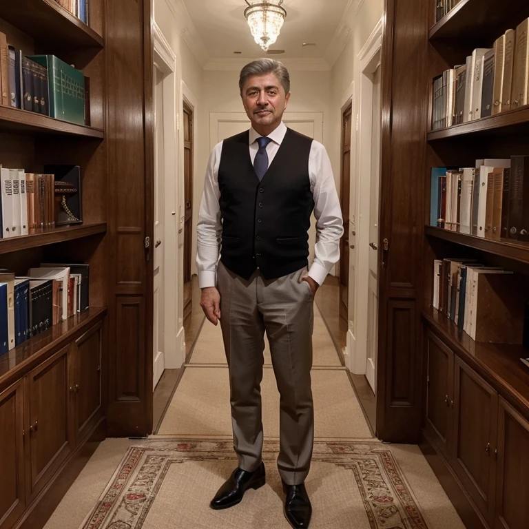 Meet President Ivanov, a charismatic and visionary leader who embodies the essence of leftist and ultra-progressive ideologies. At 56 years old, President Ivanov is of Slavic and Arab descent, which reflects his commitment to diversity and inclusivity. His distinguished appearance features neatly trimmed jet-black hair with touches of gray, complemented by a prominent mustache that exudes confidence. Sporting a pair of reading glasses, President Ivanov's piercing eyes reveal his intellectual prowess and keen attention to detail.
In this captivating snapshot, we find President Ivanov radiating charm and wisdom as he stands in an ancient library, surrounded by countless volumes of knowledge. His attire is as elegant as his personality, donning a meticulously tailored three-piece white suit that conveys purity and transparency. The ensemble includes a stylish vest adorned with intricate patterns, accentuating his refined taste. A striking blue tie, symbolizing trust and loyalty, completes the ensemble, perfectly matching the President's impeccable sense of style.
Completing his look, President Ivanov wears a pair of sleek, shiny black dress shoes, signifying his firm footing as he steers his nation towards progress and prosperity. With a warm and genuine smile, he exudes an aura of approachability, inviting dialogue and collaboration. President Ivanov's presence in the library symbolizes his unwavering commitment to education, culture, and enlightenment, ensuring that knowledge remains accessible to all.
As a populist leader, President Ivanov has captivated the hearts of the people through his egalitarian policies and dedication to social justice. His progressive agenda prioritizes the well-being of all citizens, aiming to bridge the gap between socioeconomic classes and empower marginalized communities. President Ivanov's leadership resonates with the masses, as he champions the rights of the working class, advocates for gender equality.