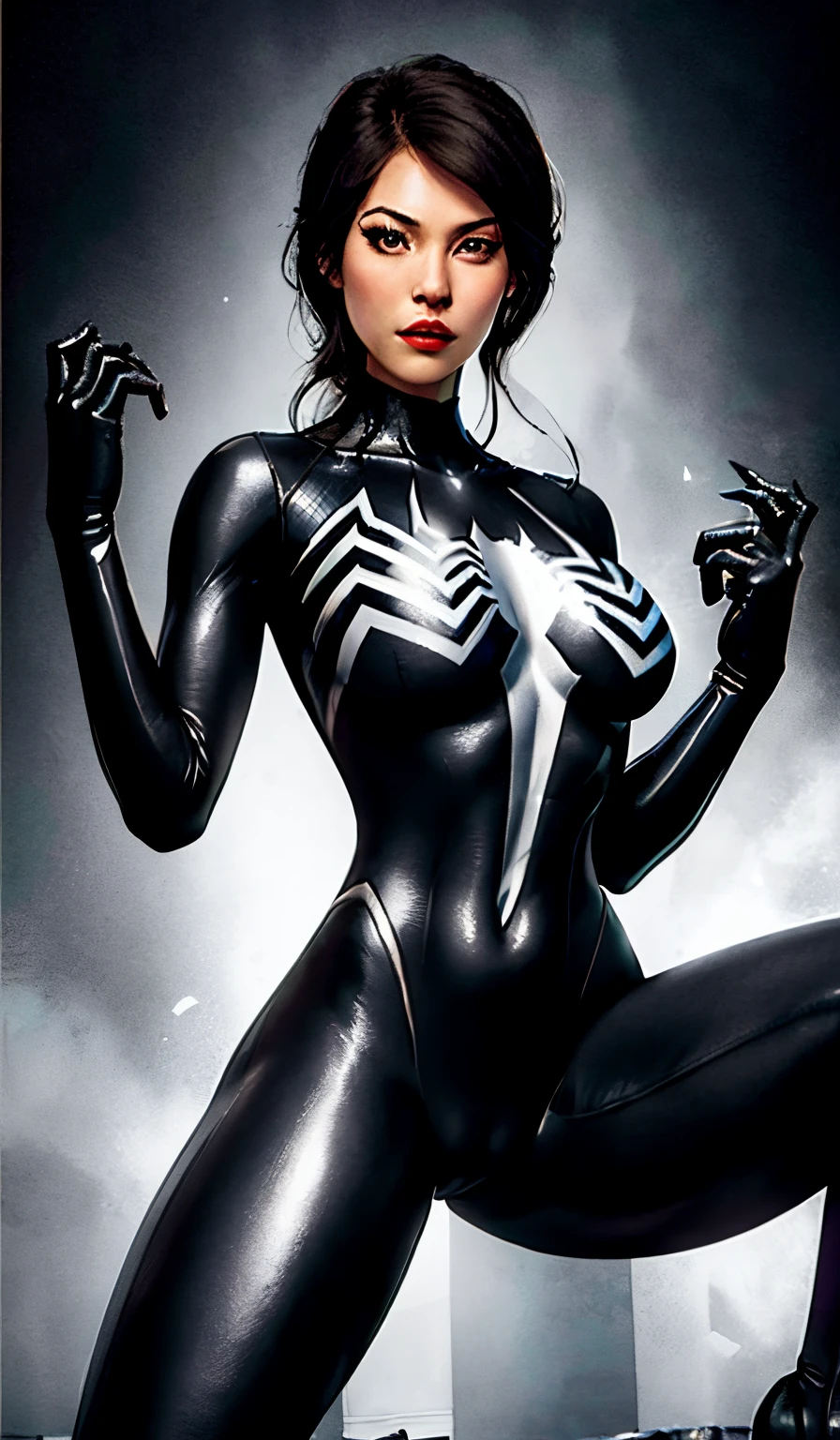 4K，realisticlying，Glamorous，The is very detailed，There is a girl in Dingcheng，Wearing a black Spider-Man costume，（Black and white：1.4） the night,symbiote，venomize，a large amount of mucus,she is a spiderman，Black superhero theme，In front of the sky，Flushed complexion，( Open legs， camel-toe，Vulvar shape：1.3）(GGCameltoe:1.3)Legs apart，25 age old，full bodyesbian