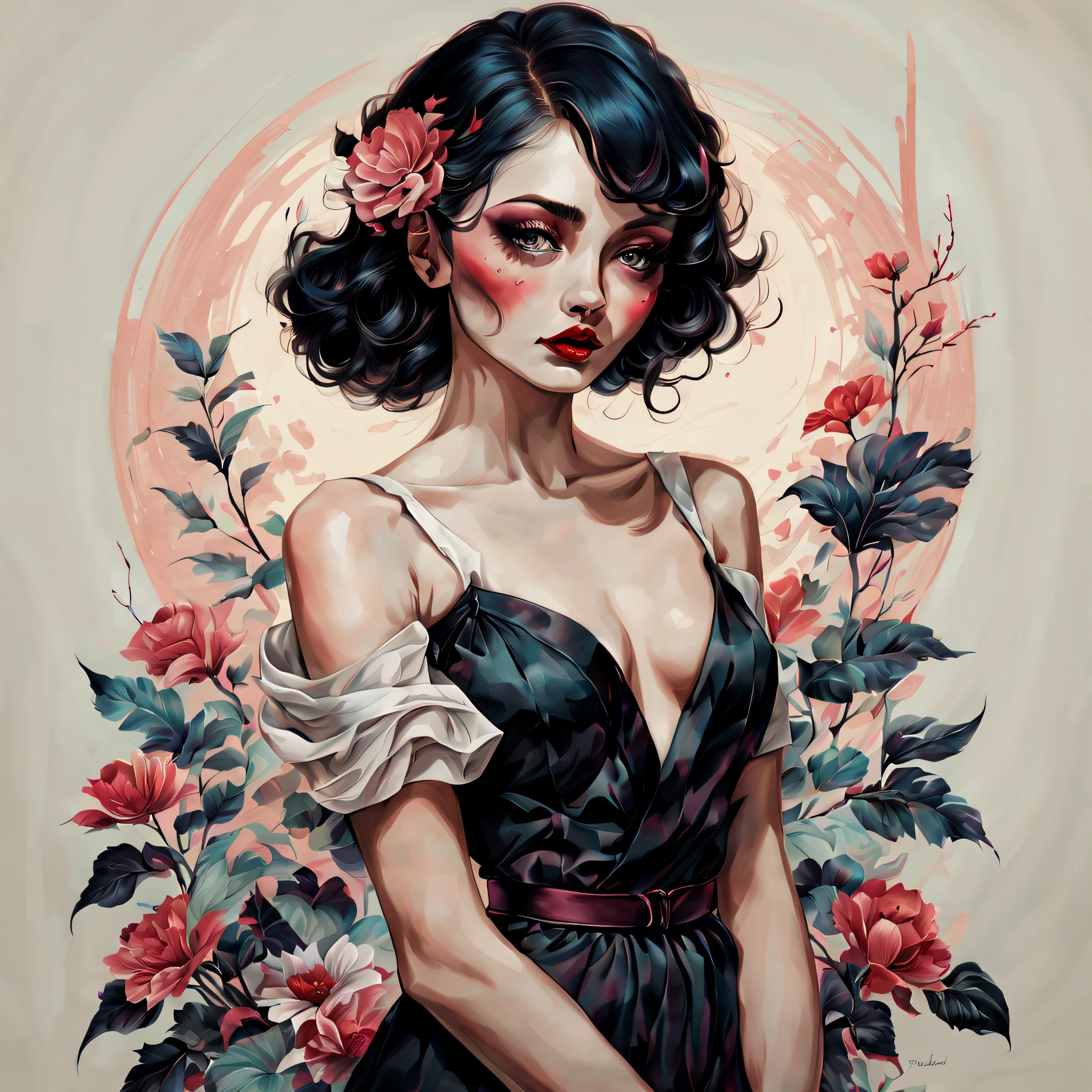 chiaroscuro technique on sensual illustration of an elegant woman, vintage fashion , eerie, matte painting, by Hannah Dale, by Harumi Hironaka, extremely soft colors, vibrant, highly detailed, digital artwork, high contrast, dramatic, refined, tonal,