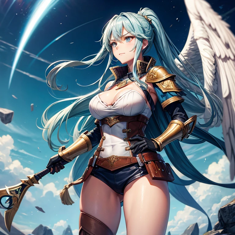 fantasy, 1angel_girl,, loli,medium_bob_hair, long_bangs, halo,bare_shoulder,thighhighs,silver_armor, waist_armor, large_breasts,angry,smile, grin,shiny_teeth,1pair_wings, dynamic_ pose_fighting,floating, bare_crotch, covered_nipples, covered_pussy,headgear,gauntlet, greaves,city_sky_background,slightly_spread_legs, solo, groin_naked,(masterpiece, best quality, best quality, official art, beautiful and aesthetic:1.2), (1 girl), very detailed,
