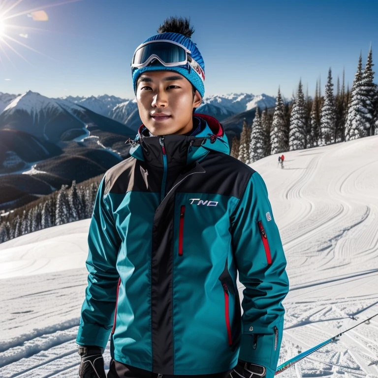 slim korean boy, K-pop idol, ((ski expert)), ((top-quality, 8K, tmasterpiece: 1.3)), lock focus: 1.2, Handsome guy with perfect figure: 1.4, Detailed depiction of facial and skin textures, 詳細な目, skiny, Handsome face, Symmetrical face, whole-length, Thigh thick, Engraving installation, Ski slopes