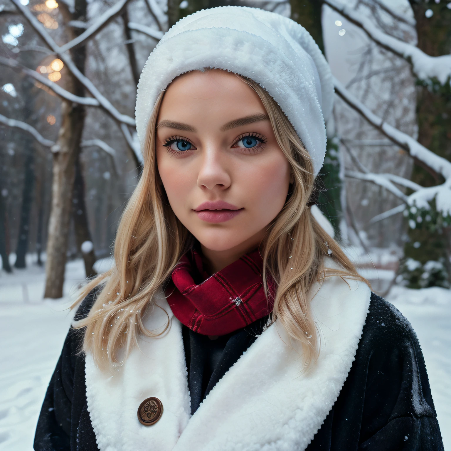 photorealistic, best quality, hyper detailed, realistic eyes, show no hands in the picture, no nsfw, detailed lips, blonde hair, 8K, iperrealistic, beautiful woman with natural blonde hair, wearing black jacket and a red scarf in the snow, feminine posture, feminine figure, outside snow, lean figure, dreamy atmosphere, girlfriend type of woman, wearing a winter cap, outside snowing, wearing black gloves, posing for the camera, (outside), (evening), (relaxed), film grain, close up, ultra high res, best shadow, RAW, instagram LUT, very lean figure, soft lighting, blanket covering body, christmassy ambiance