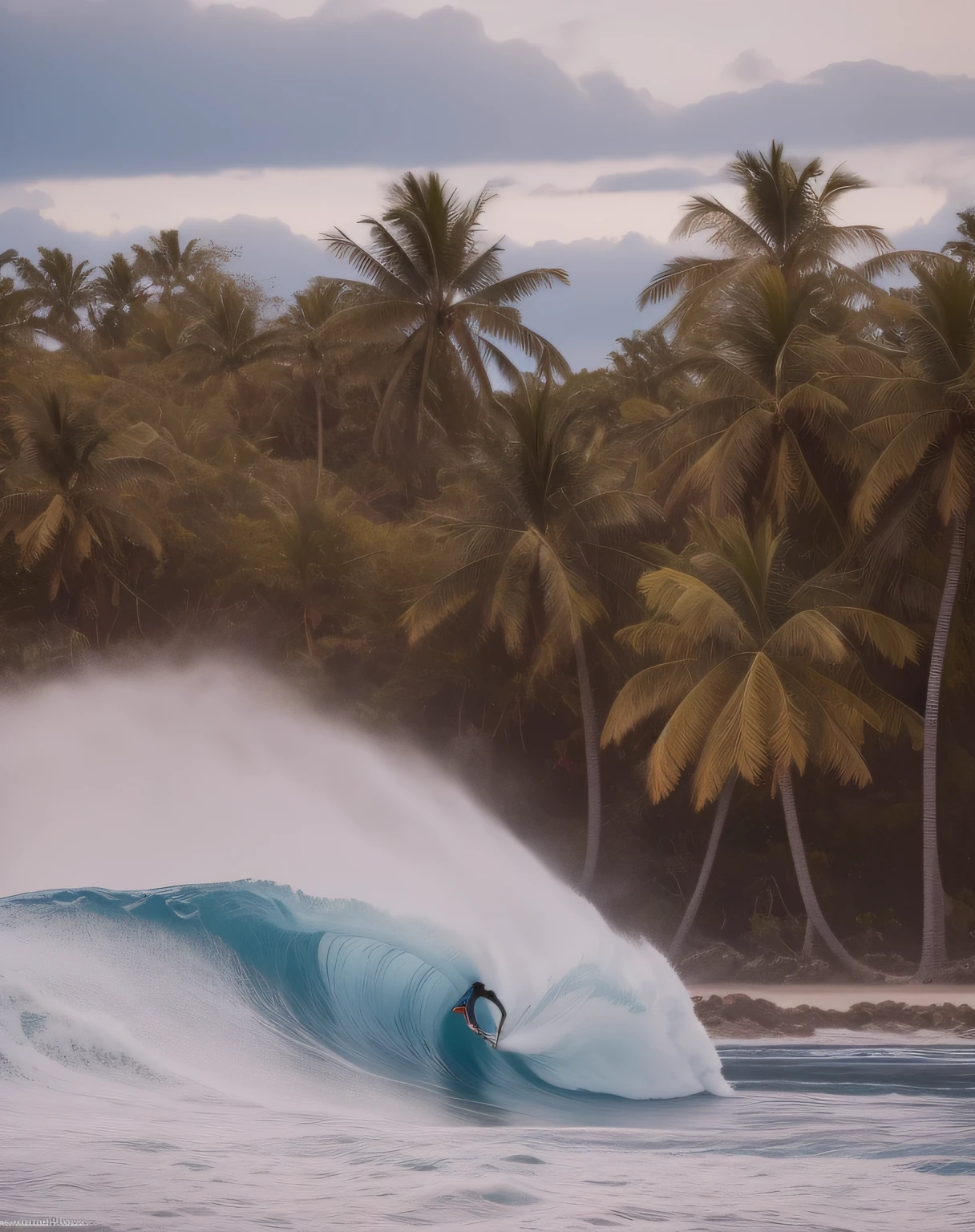 surfista pegando uma onda no oceano com palmeiras ao fundo, fotografia de surf, Epic coves breaking plant waves, surfe, Dream Wave Aesthetics, tropics, tropical location, atmosfera tropical, ondas deslumbrantes, ondas imponentes, onda de vapor, tropical paradise, ((Ondas, ocean swells, Directed by: Peter Churcher, paradise in the background, Onda de frio, clima tropical