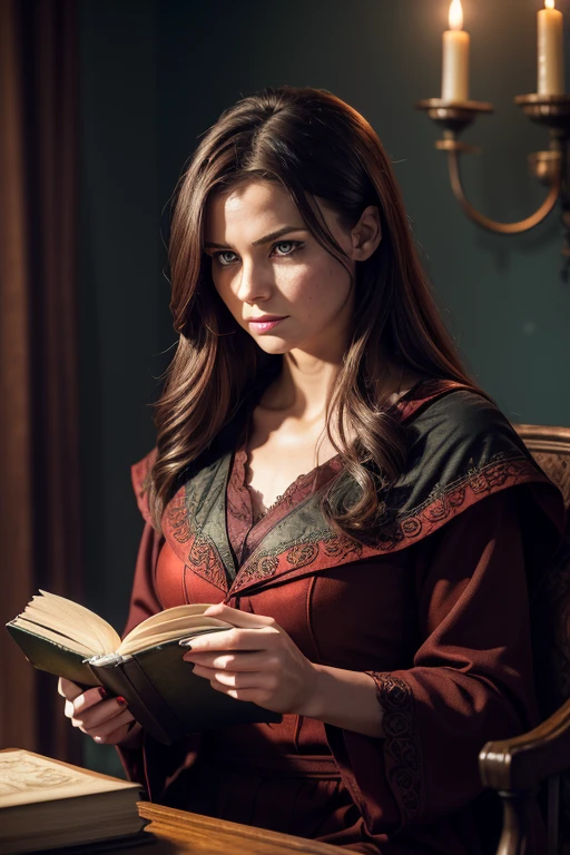vintage photo, adult woman, (reading a evil book:1.5), freckles, silver eyes,
dark red blowout hair, detailed background, detailed face, evil summoner, glowing blue style, masterpiece, best quality, absurdres, intricate details, hyperrealistic, tattered orange magical robes, determined expression, crimson color scheme,
dark scarlet light, study room, dark atmosphere, shadows, realistic lighting,
floating particles, sparks, surrounded by green lightning, summoning,
thick melting candles, purple arcane symbols, power-hungry eyes, bloom