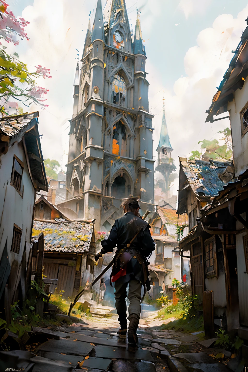 imagem estilo anime de um homem andando por uma rua com uma espada, Arte no estilo de Guweiz, arte conceitual limpa, 2. 5 d cgi anime fantasia arte, Silvain Sarrailh, inspirado por Carl Spitzweg, pintado como uma arte conceitual de jogo, painterly concept art, Atey Ghailan 8 K, arte conceitual estilizada