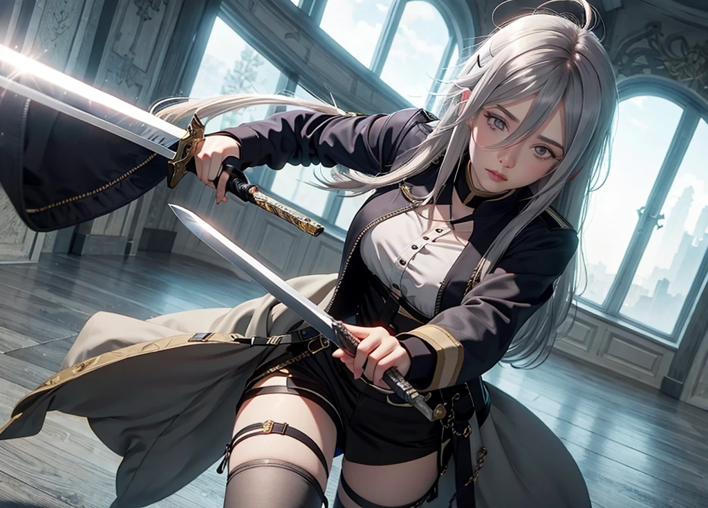 VladilenaLora, long hair, grey eyes, grey hair, sword,