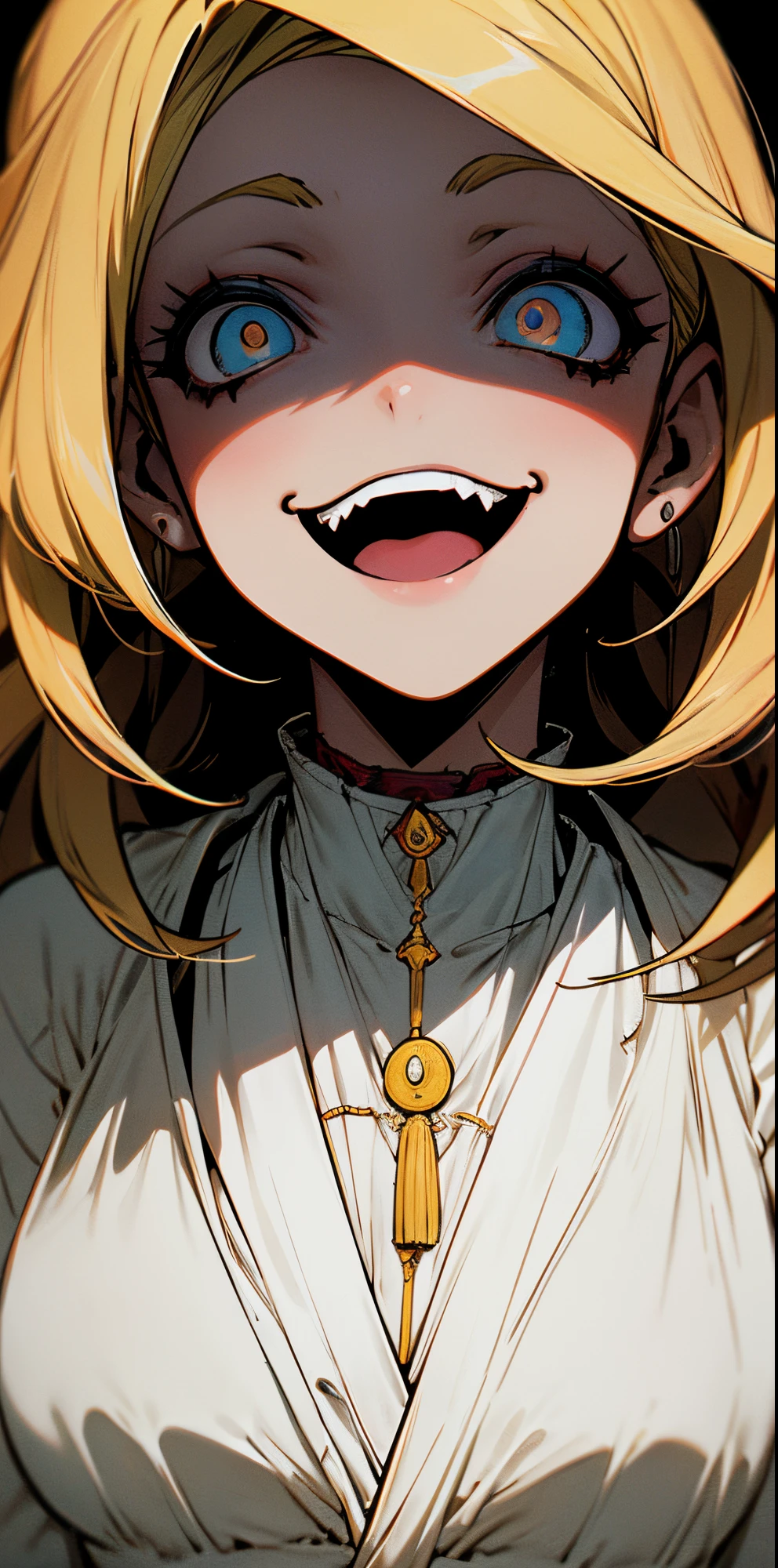 (Obra maestra, una chica La mejor calidad),, Closeup, fondo, colores oscuros, highest qualityr, Detalles asombrosos, Arte lineal, 80s anime style, miedo, horror, Teary, ((dientes puntiagudos)), blanco y negro, blonde brunette