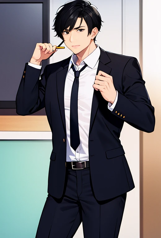 Man, business suit, tie, short black hair, in office, muscular