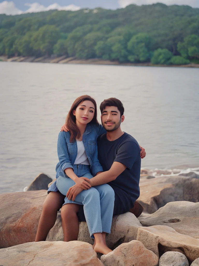 there is a man and woman sitting on a rock by the water, lovely couple, couple pose, near a jetty, photo taken in 2 0 2 0, shot on nikon z9, shot on canon eos r 5, shot on canon eos r5, photo taken with canon 5d, shot on sony a 7, taken with sony alpha 9