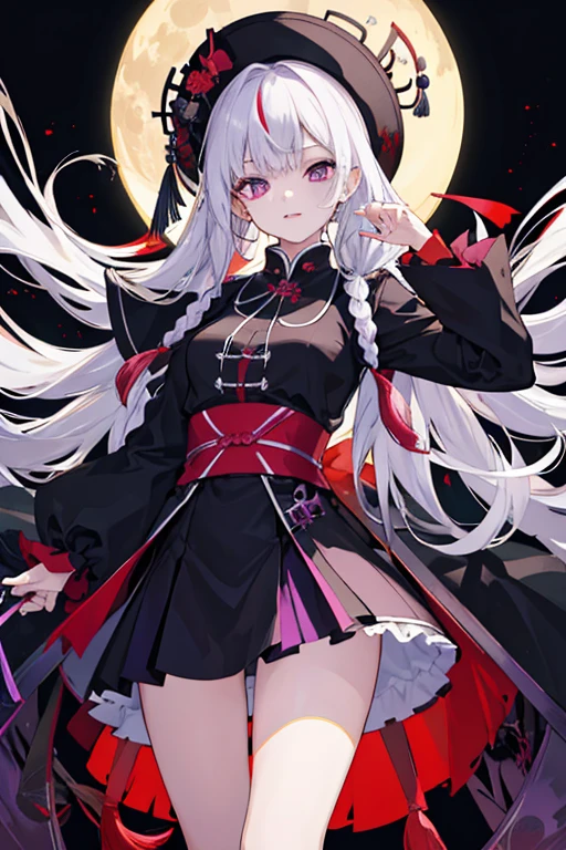 ((tmasterpiece:1.4,Best quality))++,(hyper-detailing)+,(Best quality,hyper-detailing,vibrant with colors,rich colourful,dynamic angle,hight contrast:1.2),A girl,Height about 160cm,long white hair,Twist braids,Jellyfish head,Deep purple eyes,Pupils are cross-shaped,Chinese zombie costumes,Wearing black and purple skirt,blacksilk,There are full moon and cloud patterns on the clothes,There is a charm attached to the body。There is a Chinese zombie hat on the head。National tide background,Black booties,Fashionab, with dynamism, garments, posing on a, frontage, rich colourful, dyna, Background with, element in, self-assured, Expressing the, statement, fittings, A majestic, coil, Runt, Scenes, Cover of a, boldness, attention-grabbing,Fashionab, typeface, Catchy, attention-grabbing, modern day, Fashionab, focal, Fashionab,delicated face,exquisite facial features,National tide,full bodyesbian