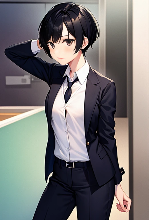 Man, business suit, tie, short black hair, in office, small breasts