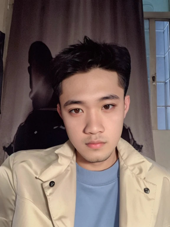 Wearing a casual black suit,white shirt,juvenile sense,Background street,8K,Slr,16 yaers old,schoolboy,Asia face,Square face,No beard,Steel clip perm for short hair