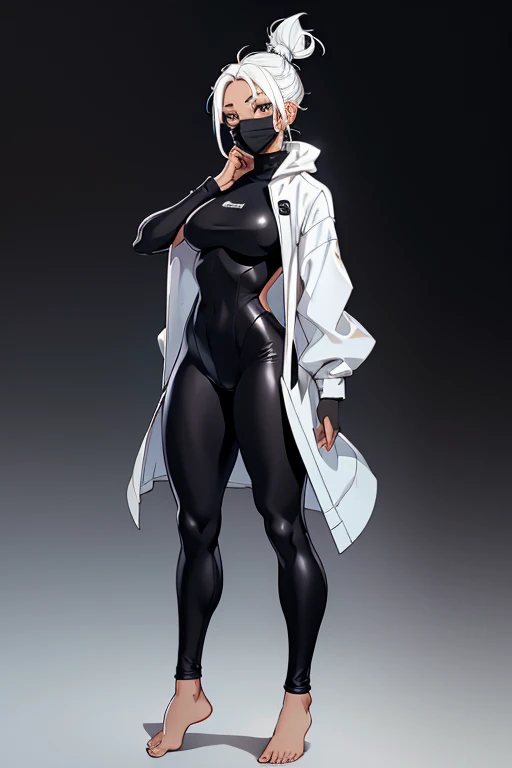 A young beautiful barefoot woman with white dyed hair in a high bun wearing a matte black skintight fullbodysuit and a black facemask.