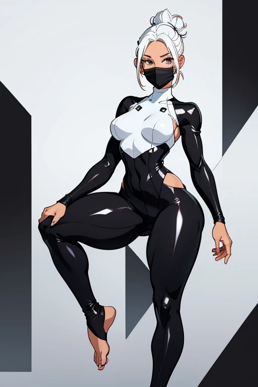 A young beautiful barefoot woman with white dyed hair in a high bun wearing a matte black skintight fullbodysuit and a black facemask.