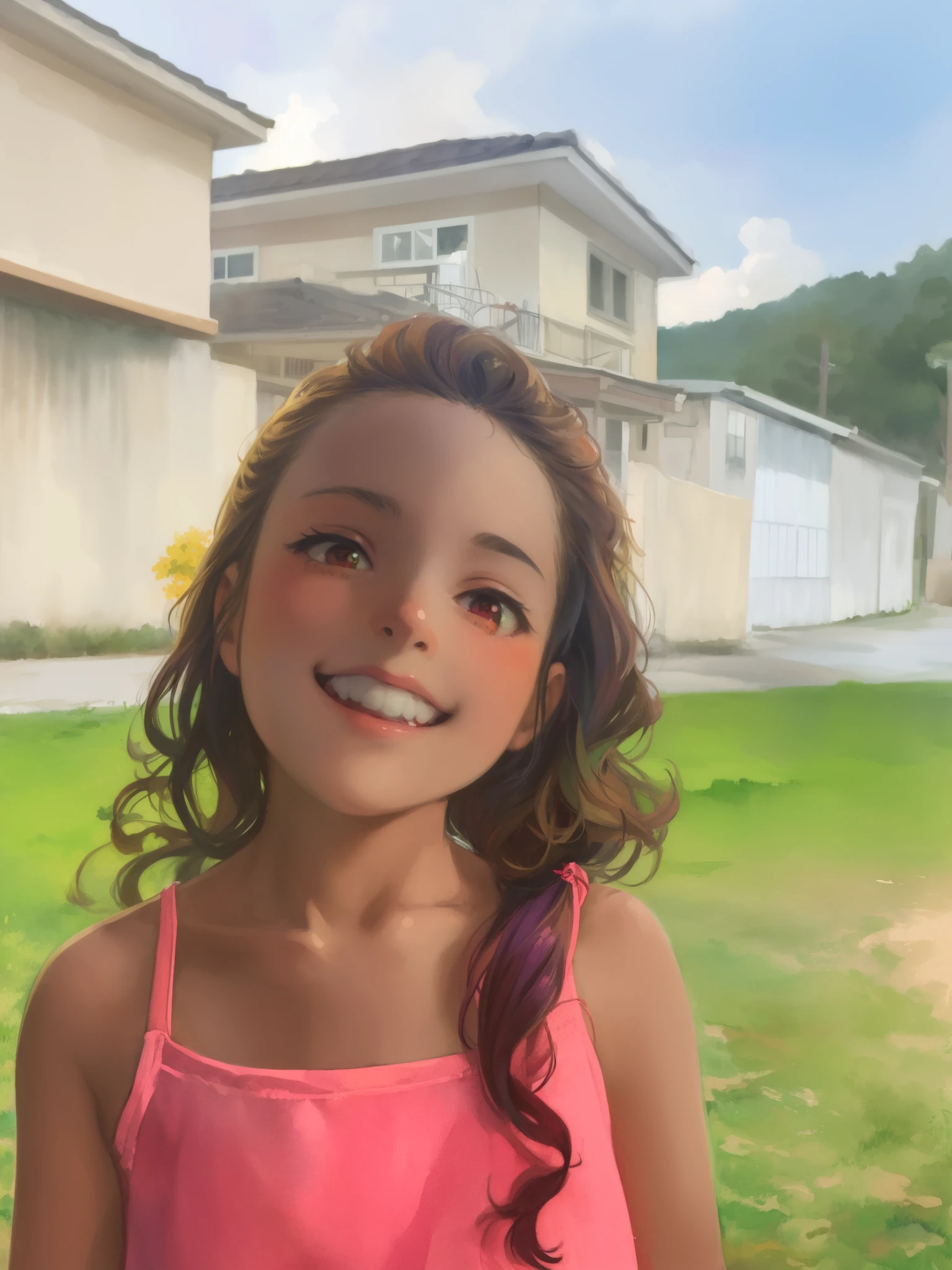 20yo adult 1girl, (illustration:1.3), (best quality), (masterpiece), Pixiv, (Konachan wallpaper), (colorful), best quality, watercolor, brush strokes, mature face,
orange + green + purple limited color palette,
red eyes, very long hair up,
digital illustration background