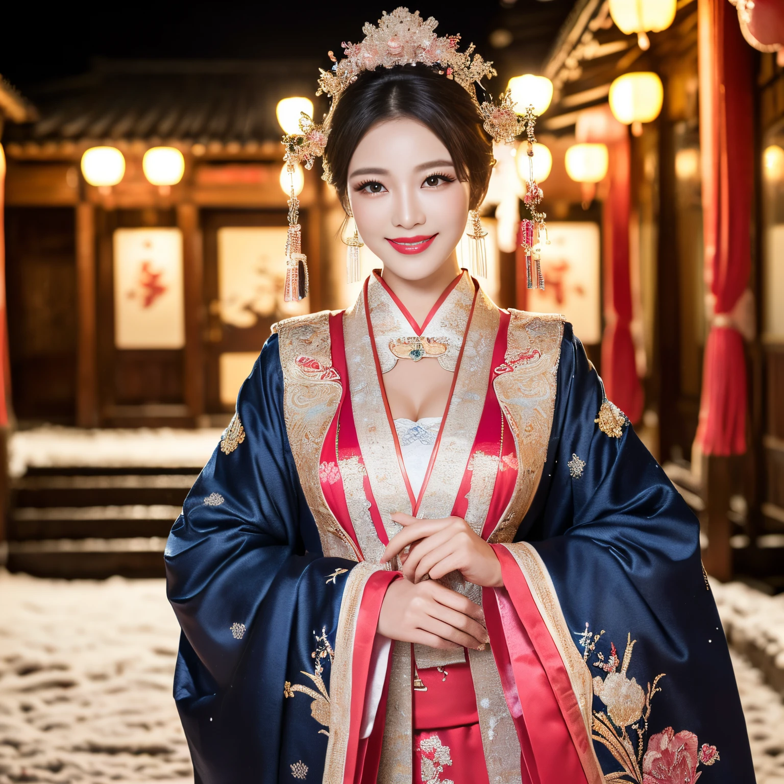 ((top-quality、masutepiece、8K、Top image quality、Highly complex and detailed depictions))、(Photo of the upper body of a Japanese prostitute:1.3)、Luxury Guru House at night、(It's snowing:1.2)、Japan'the most luxurious prostitute costumes、((the most gorgeous japanese prostitute'Huge costumes、the most vivid and luxurious costumes、big long costume、The most luxurious and huge garrison、An unimaginably luxurious garrison、Very luxurious and huge garrison、Huge Guru House at midnight、Very complex decoration、Very clear huge garrison))、(View me、Bewitching smile、Perfect makeup、long eyelashes、lipsticks、Pink eyeshadows、perfect anatomia、A slight smil)、(Clear background of huge garrison:1.3)