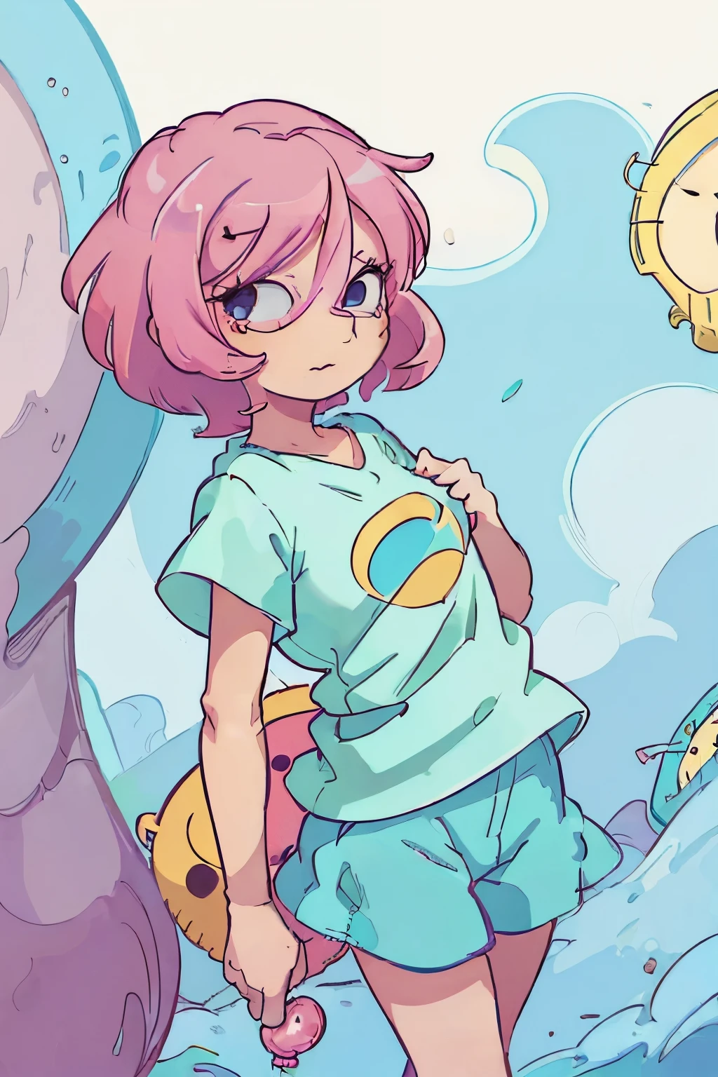 design a character ((girl, short hair, candy color, adventure time reference, short, ager, homie shirt,cartoony style))