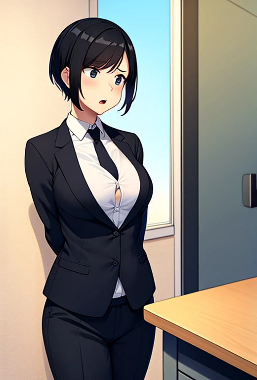 Man, business suit, tie, short black hair, in office, very small breasts, broad shoulders, hand on own breasts, shocked face