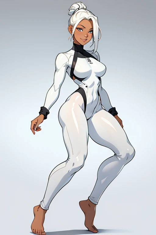 A young beautiful barefoot woman with white dyed hair in a high bun wearing a matte black skintight fullbodysuit, looking happy.