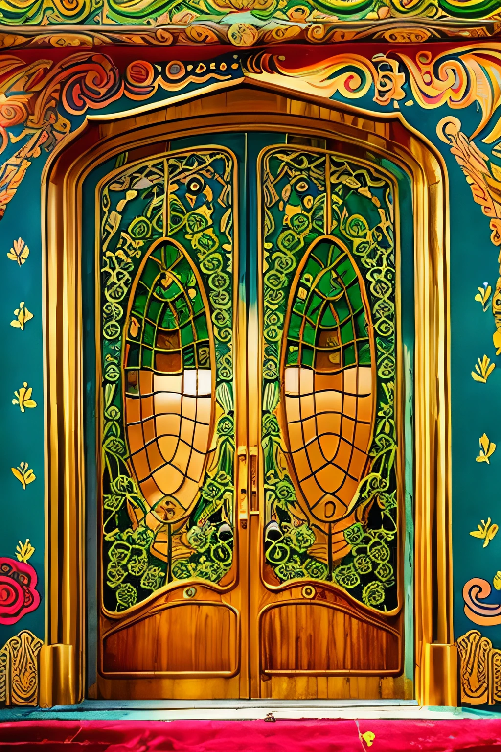 there is a large double door with a decorative design, Arte Nova maximalista, Obra-prima Art Nouveau, Arte Nova colorida, art nouveau aesthetic, Acentos Art Nouveau, Massive decorated doors, Estilo Art Nouveau, elegante estilo Arte Nova, intrincado Arte Nova, declotagem Arte Nova, Arte Nova, detalhe ornamentado em Arte Nova, Art Nouveau hiperrealista, Arte Nova