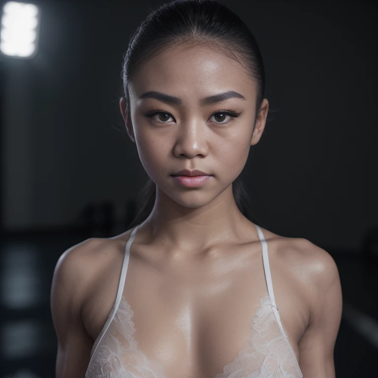 (Glamour photograph of a 18 year old Melanesian mix Asian woman), (white skimpy lingerie, MMA gloves), (highly detailed face:1.4), (muscles:1.2), (MMA pose:1.4), (background inside light, bright, private gym:1.1), (8k, uhd, dslr, high quality, cinematic lighting, bokeh), (dramatic, award winning photography, incredible masterpiece:1.3), (lusty aroused stare at camera:1.3)