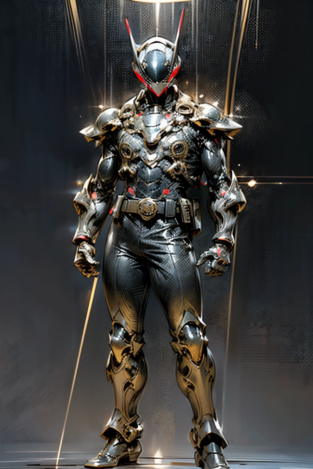 (masterpiece, Super Detail, Best Quality, High resolution, 16k), reflective light, ((Anatomically correct)), Solo, ((Full face helmet)), Full body suit in black color, (Thick and intricate lines drawn on the chest), Lines on the sides of the suit, a belt, The suit is black with long gloves, (Very shiny helmet and suit), Three-dimensional helmet, fighting poses, ((destroyed scenery)), male figure, masculine, adult male, black color,  ((no hair, no face)) full helmet, mecha, cyber, lasers, heavy chest armor