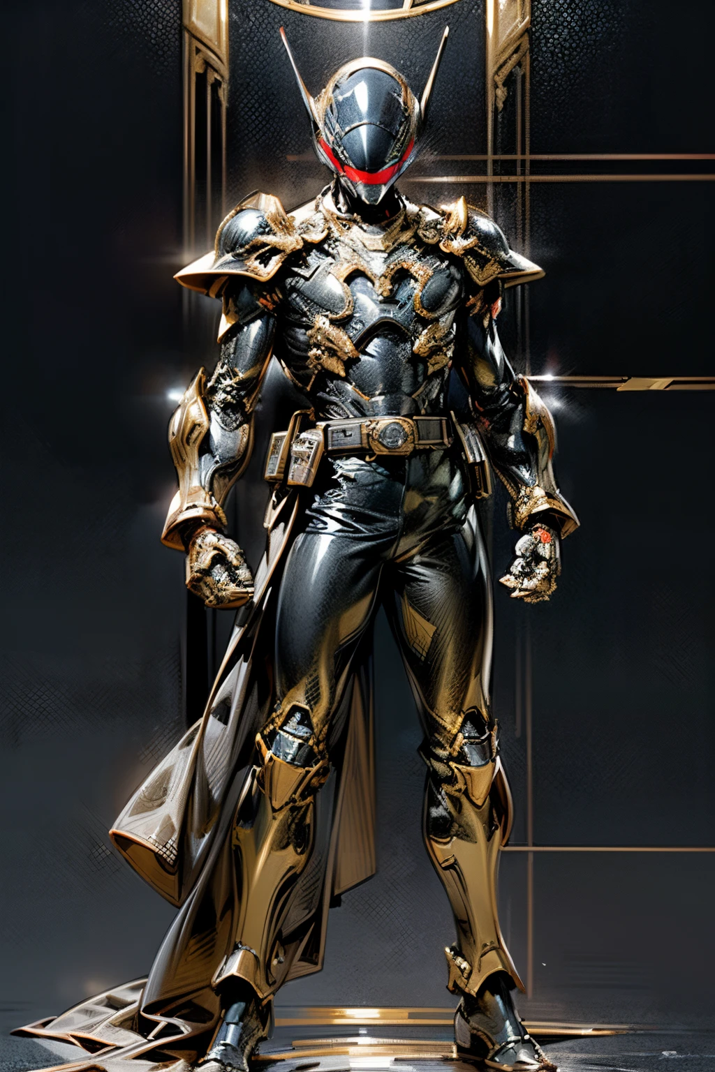 (masterpiece, Super Detail, Best Quality, High resolution, 16k), reflective light, ((Anatomically correct)), Solo, ((Full face helmet)), Full body suit in black color, (Thick and intricate lines drawn on the chest), Lines on the sides of the suit, a belt, The suit is black with long gloves, (Very shiny helmet and suit), Three-dimensional helmet, fighting poses, ((destroyed scenery)), male figure, masculine, adult male, black color,  ((no hair, no face)) full helmet, mecha, cyber, lasers, heavy chest armor