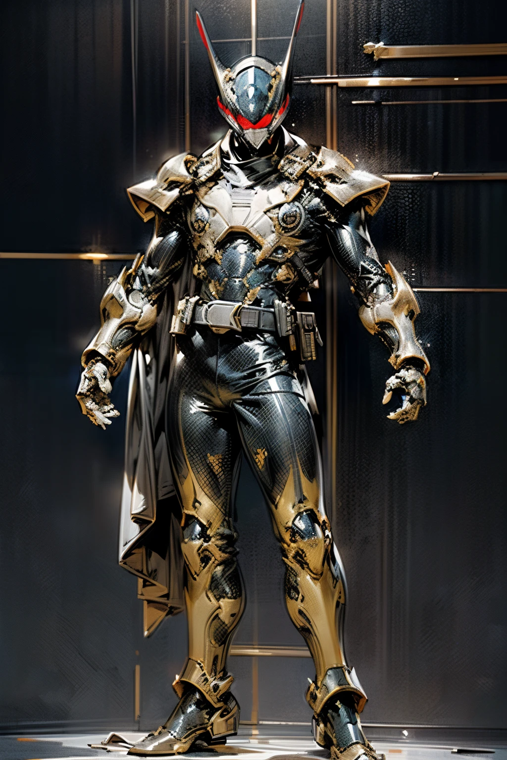 (masterpiece, Super Detail, Best Quality, High resolution, 16k), reflective light, ((Anatomically correct)), Solo, ((Full face helmet)), Full body suit in black color, (Thick and intricate lines drawn on the chest), Lines on the sides of the suit, a belt, The suit is black with long gloves, (Very shiny helmet and suit), Three-dimensional helmet, fighting poses, ((destroyed scenery)), male figure, masculine, adult male, black color, ((no hair, no face)) full helmet, mecha, cyber, lasers, heavy chest armor