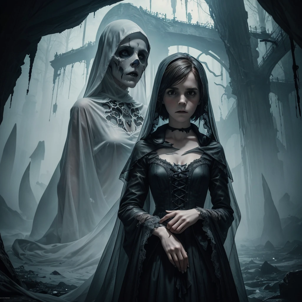 ghostlystyle, Emma Watson, ghostly mist, (transparent, floating), gothic horror, tattered ghostly clothes, light grey, grim reaper face, full body, trapped in a haunted oil painting, hyperrealism, ghostly claws, trapped, (scared, panicked,, horrified), hands in lap, peter mohrbacher, pierre terblanche, trending on artstation