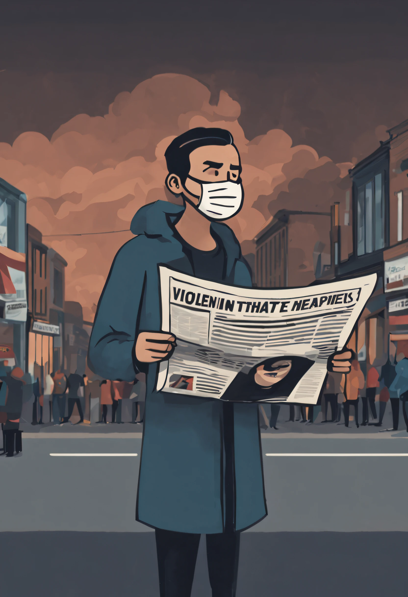 A person reading a newspaper with an angry expression on his face while reading violent and hateful headlines.. en segundo plano, se puede ver una calle con manifestantes gritando y sosteniendo pancartas con mensajes de odio. The sky is dark and cloudy, suggesting a tense and dangerous atmosphere.
Espero que esto ayude.
