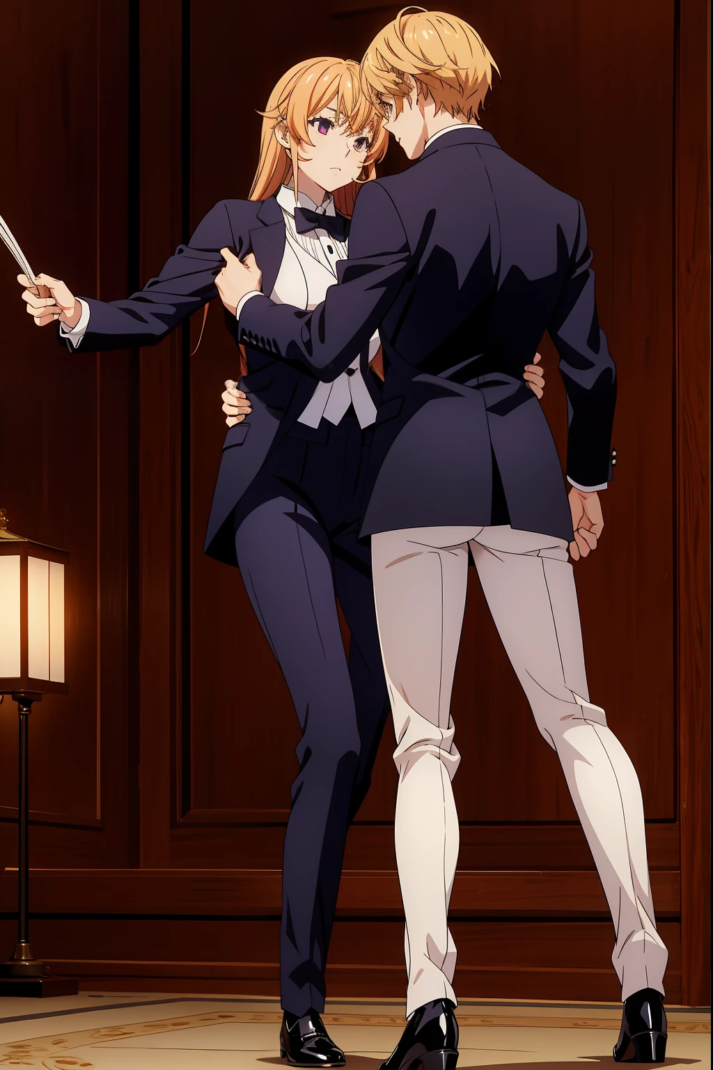 Nakiri Erina wears a tuxedo suit with a long seelk jacket and white tight pants, blonde hair, Full body, waltz dance