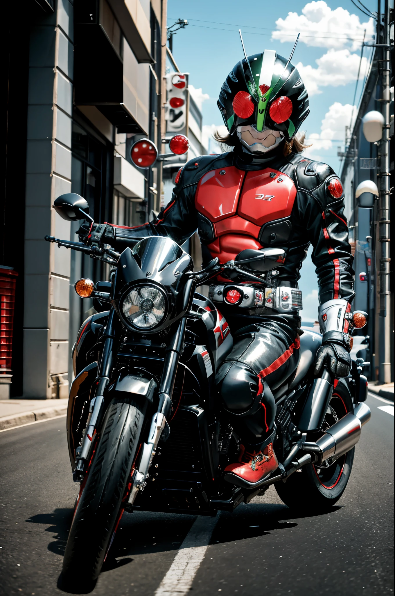 there is kamen rider sitting on a motorcycle on the street, sitting on a motorcycle, motorbiker, shot on nikon d 3 2 0 0, riding a motorcycle, portrait shot 8 k, akira moto, motorcycle, inspired by Liu Haisu, taken with sony alpha 9, sitting on motorbike, photoshot, taken with sony a7r camera, photo - shot