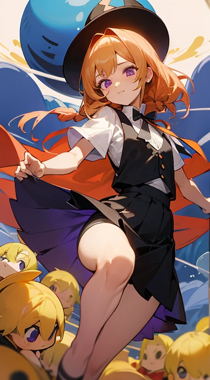 tanaka-hime, cabelo rosa, Fechaduras laterais, coque duplo, fita de cabelo, Roupas chinesas, Frescuras, vestido vermelho, black skirt, Saia Curta, recorte de clivagem, suzuki hina, blonde hair, cabelos longos, Purple eyes, magro, seios pequenos, kalap, topo de corte azul, Mangas, suspender shorts, Himehina, 2meninas, parte superior do corpo, sorrir, dentro, master part, best quality