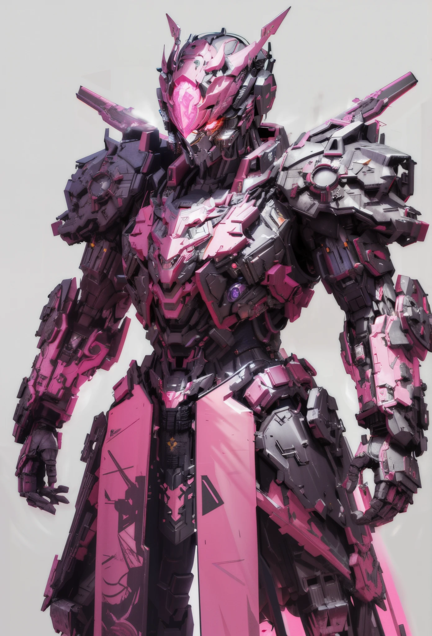 Cyberpunk art of a，afofuturism，Chinese elements，Chinese fantasy，Chinese Ancient Times，Blank background，battle robes，Complicated details, A high resolution, structurally correct, Intricate patterns，Mecha design，scifi style，Wearing high-tech luminous mecha，Tattered cloak，in pink，purpleish color，black in color，Opaque glass helmet，The back of the head is covered with tubes，sense of science and technology，mechanical sense，Complex machinery，Fine machinery，chest device，Full body photo，lightand shade contrast，movie light effect，dynamic blur，フォトリアリスティック，meticuloso，hight contrast，The picture is dark，Buddha light backlight，structural symmetry，Fantasyart，concept-art，unreal-engine，复杂，Game character design，Perfectcomposition，Perfect hands