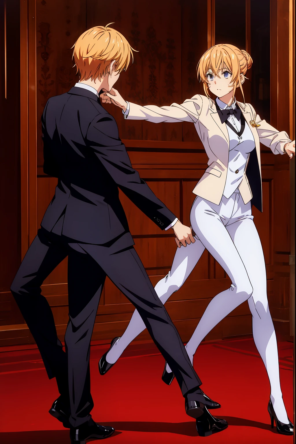 Nakiri Erina wears a tuxedo suit with a long seelk jacket and white tight pants, blonde hair, Full body, waltz dance