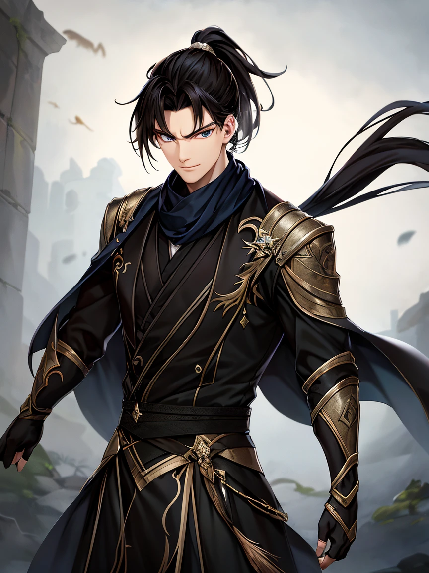 a painting that represents the nature of magic in his world，Black hair with high ponytail，The blue-eyed protagonist has a mysterious blue mark on his neck，Black scarf，Hanfu，Immerse yourself in a barrage of magical energy，Normal hands，Glowing particles dance around him，Mysterious symbols formed in the sky， tmasterpiece， Best quality， ultra - detailed， lamplight， 8k resolution concept art， Fantasyart， epic art， 4K concept art wallpaper，dark colour，natural  lightting，Mysterious portals,flashing energy,Otherworldly,Eldoria,obsessed,Ancient ruins,Glow symbol，