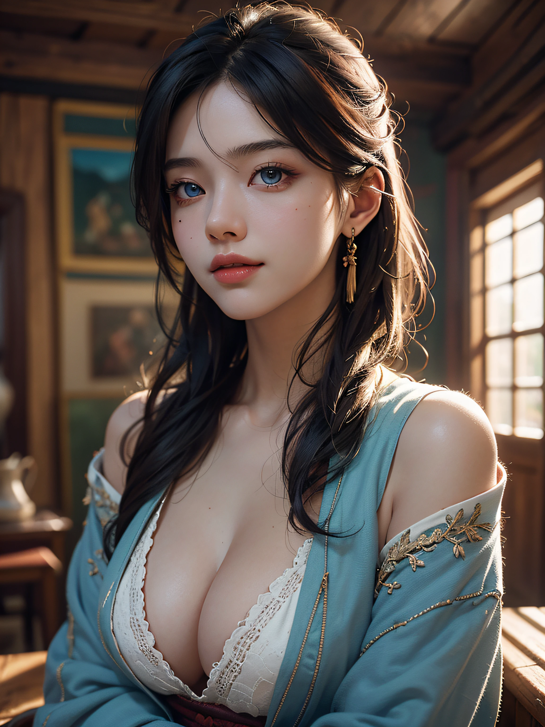 (RAW Photo, Best Quality), (Realistic: 1.3), Highly Detailed, Masterpiece, Hyperdetail, Illustration, 1 Girl, 23 years old chinese woman figure, full_body, HDR (High Dynamic Range), Ray Tracing, NVIDIA RTX, Super-Resolution, Unreal 5, Subsurface Scattering, PBR Textures, Post-processing, Anisotropic Filtering, Depth of Field, Maximum Sharpness and Clarity, Multi-layer Textures, Albedo and Highlight Maps, Surface Shading, Precise simulation of light-material interactions, perfect proportions, Octane Render, bi-color light, large aperture, low ISO, white balance, rule of thirds, 8K RAW, finger detailing, refined facial features, focus on the face, ((no extra limbs)), Dynamic Angle, World Mastery Theater, Best Quality, Extremely Detailed CG Unified 8k Wallpaper, Breathtaking, Cinematic Light, lens_flare, beautiful Eyes, symmetrical eyes, A beautiful flirtatiously smiling woman, a very busty ronin wearing gold lace kimono, Meiji restoration, blue eyes, yojimbo, cleavage, bare shoulders, HD, UHD, WLOP, Artgerm, intricate hairstyle