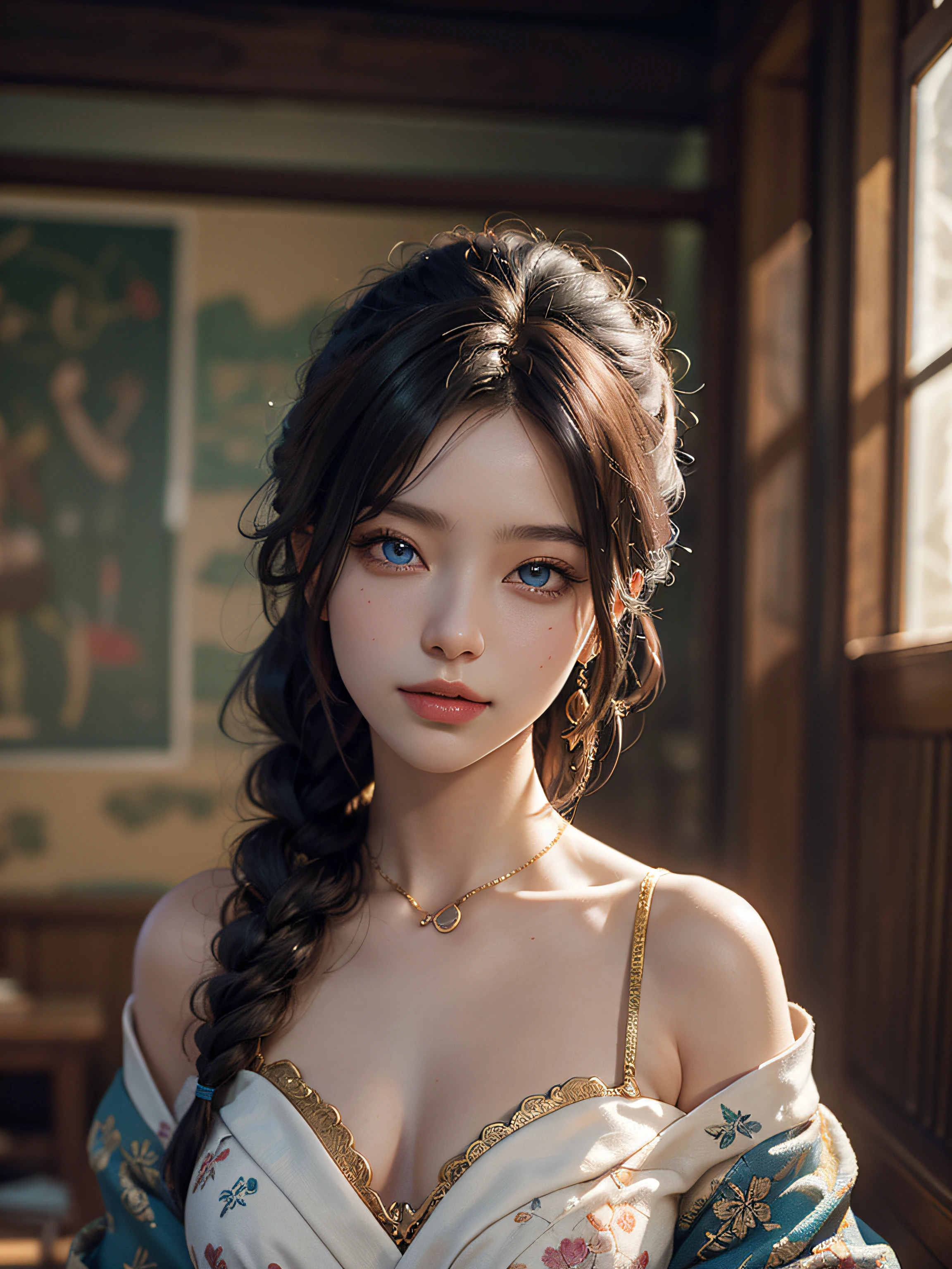 (RAW Photo, Best Quality), (Realistic: 1.3), Highly Detailed, Masterpiece, Hyperdetail, Illustration, 1 Girl, 23 years old chinese woman figure, full_body, HDR (High Dynamic Range), Ray Tracing, NVIDIA RTX, Super-Resolution, Unreal 5, Subsurface Scattering, PBR Textures, Post-processing, Anisotropic Filtering, Depth of Field, Maximum Sharpness and Clarity, Multi-layer Textures, Albedo and Highlight Maps, Surface Shading, Precise simulation of light-material interactions, perfect proportions, Octane Render, bi-color light, large aperture, low ISO, white balance, rule of thirds, 8K RAW, finger detailing, refined facial features, focus on the face, ((no extra limbs)), Dynamic Angle, World Mastery Theater, Best Quality, Extremely Detailed CG Unified 8k Wallpaper, Breathtaking, Cinematic Light, lens_flare, beautiful Eyes, symmetrical eyes, A beautiful flirtatiously smiling woman, a very busty ronin wearing gold lace kimono, Meiji restoration, blue eyes, yojimbo, cleavage, bare shoulders, HD, UHD, WLOP, Artgerm, intricate hairstyle