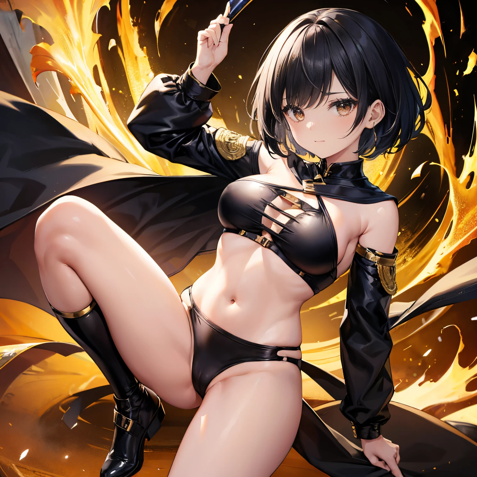 one-girl,asiagirl,Short hair details,black hair color hair,Martial artist,Very revealing martial artist costume,Black and gold clothes,little belly,In the chest,Beautiful long legs