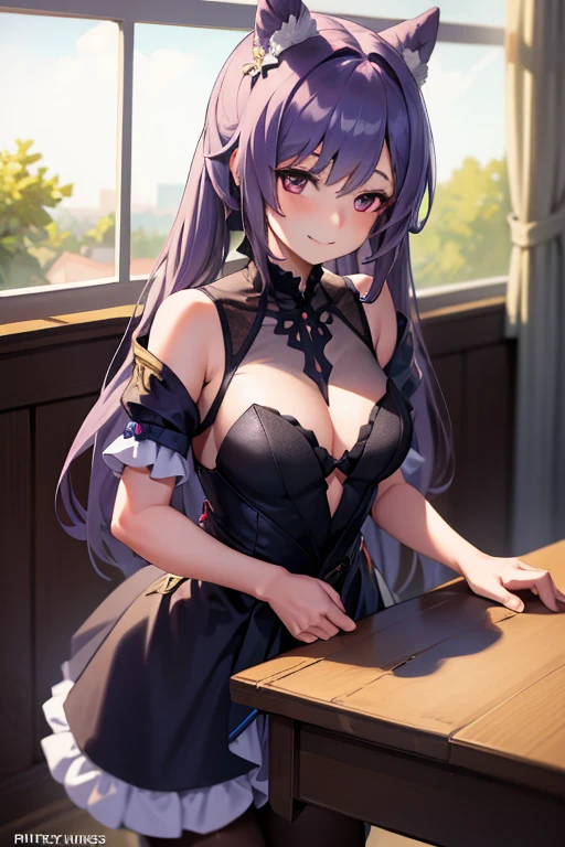 1girl, rubbing the , Table hump, Dress, looking a viewer, Smile, maiden,, Masterpiece, Best Quality, Highly detailed