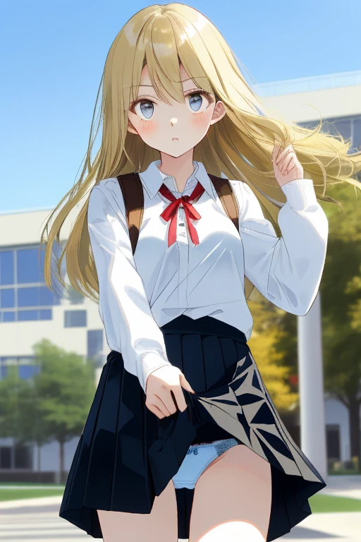 Blonde with blue eyes,Deferred expression,JK Campus,Tall and tall,Beautiful small breasts,red blush,Check skirt,Roll up your clothes,校服,(((tucking up the skirt:1.3)))、(((White panties are visible)))、