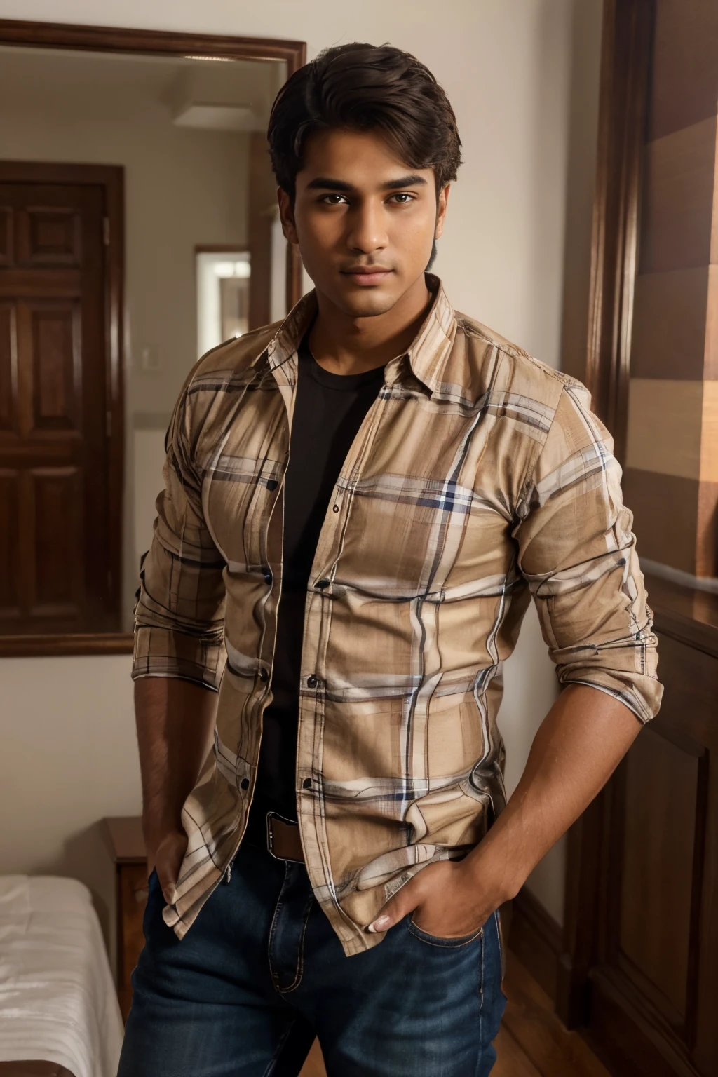 (best quality, highres, realistic:1.2), detailed face and body, well-groomed, medium:oil painting, vibrant colors, warm lighting, Indian college boy:1.1, brown checked shirt, stylish outfit, modern background, mirror reflection, natural pose, full-length, masculine charm