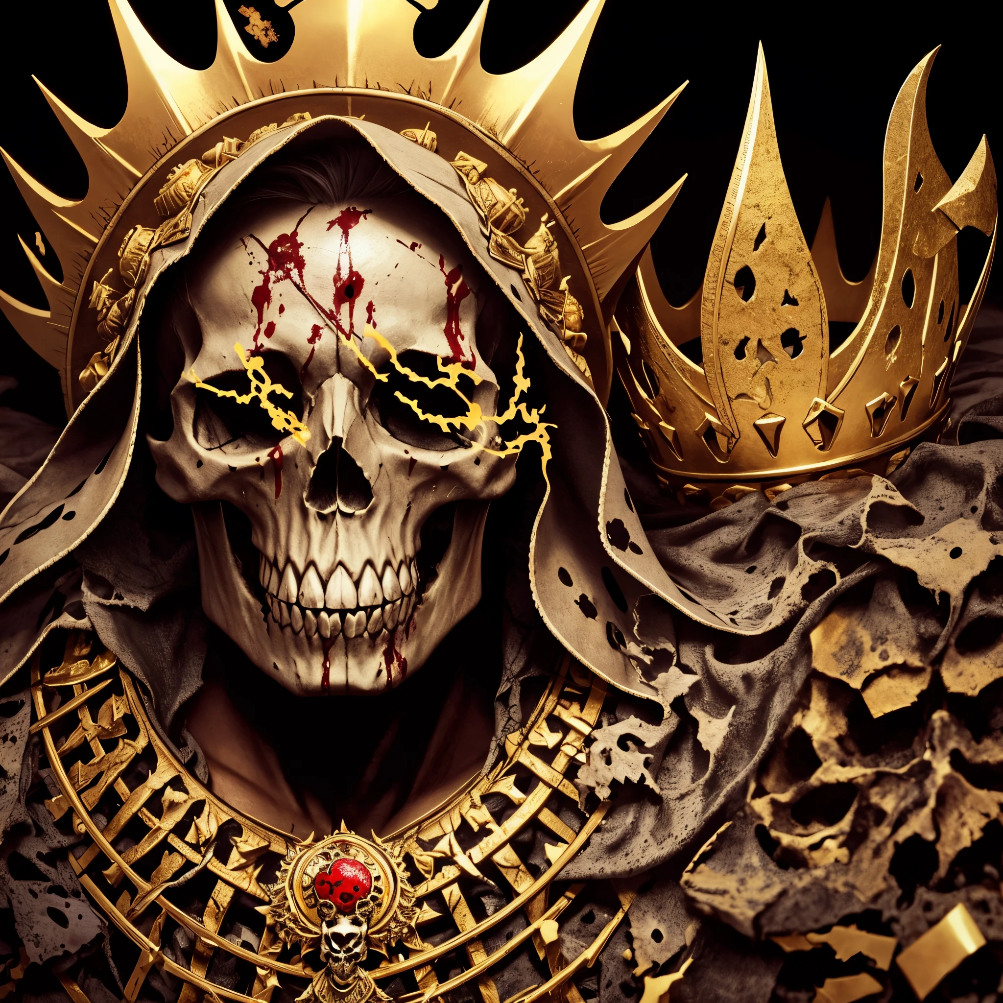a crowned skull with awesome detail and blood splats ink splats with a golden crown death.