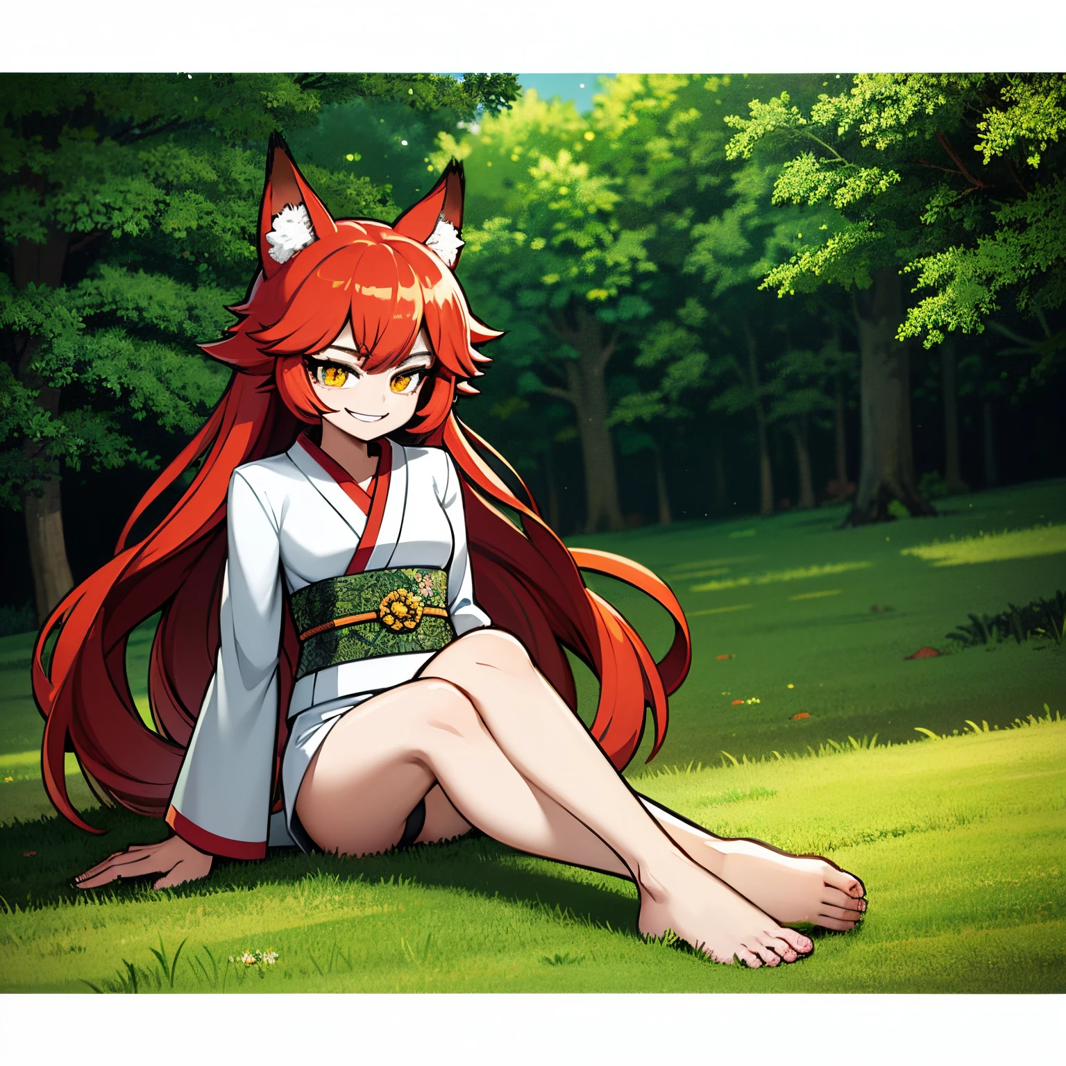 Kitsune, red hair, long hair, yellow eyes, red fox ear in head, fox tail, with white kimono, xinto kimono, in a forest, smiling, 4k, masterpiece, best quality, realistic anime