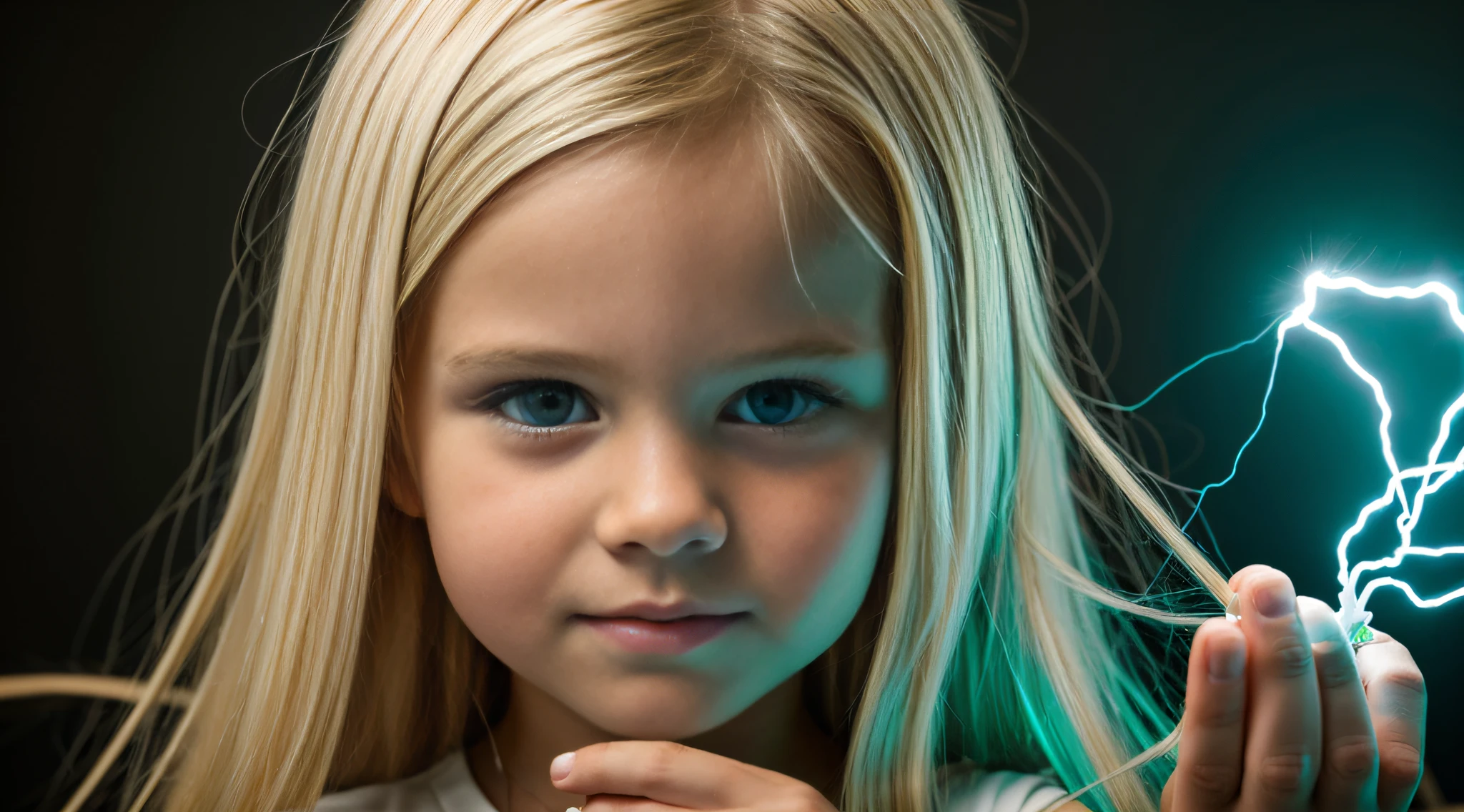 a close-up of a blonde child with long hair, BIG BALL OF electrified ICE IN HANDS. Smoke green.